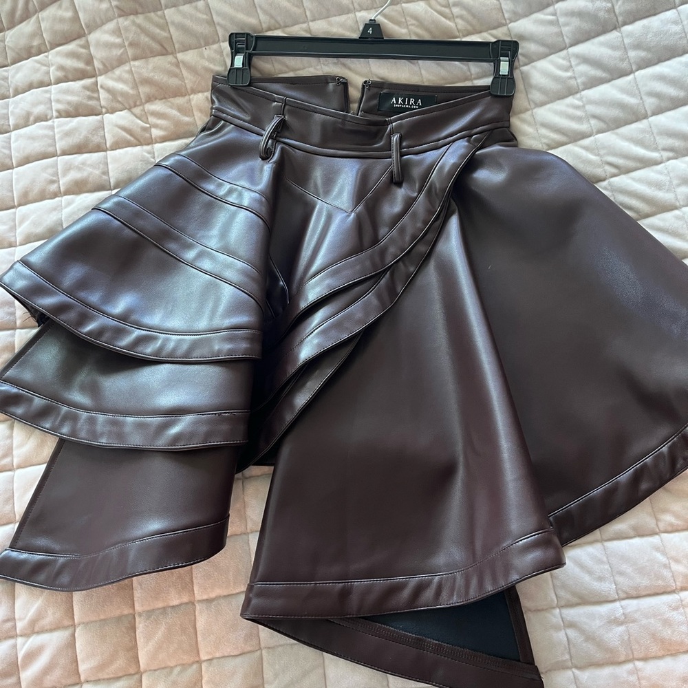 AKIRA Dark Chocolate/Burgundy Faux Leather Ruffle Skirt